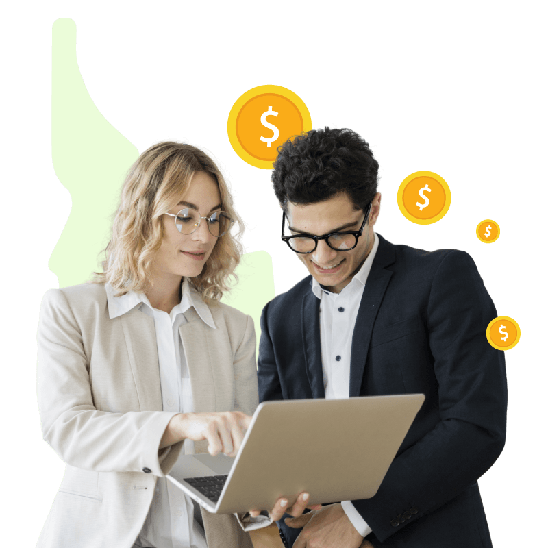 Girl with yellow circle and cash graphic