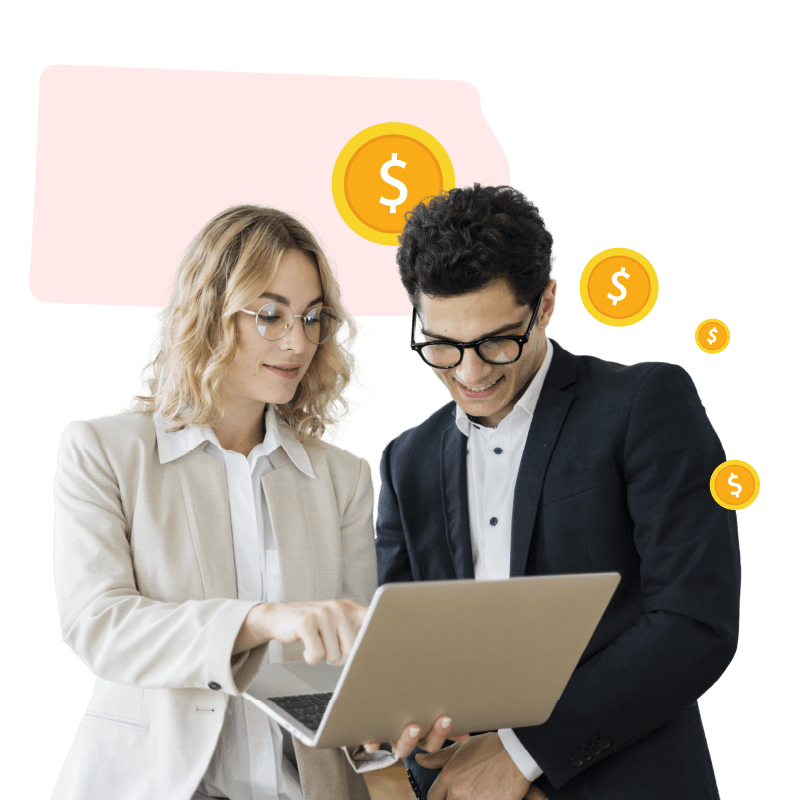 Girl with yellow circle and cash graphic