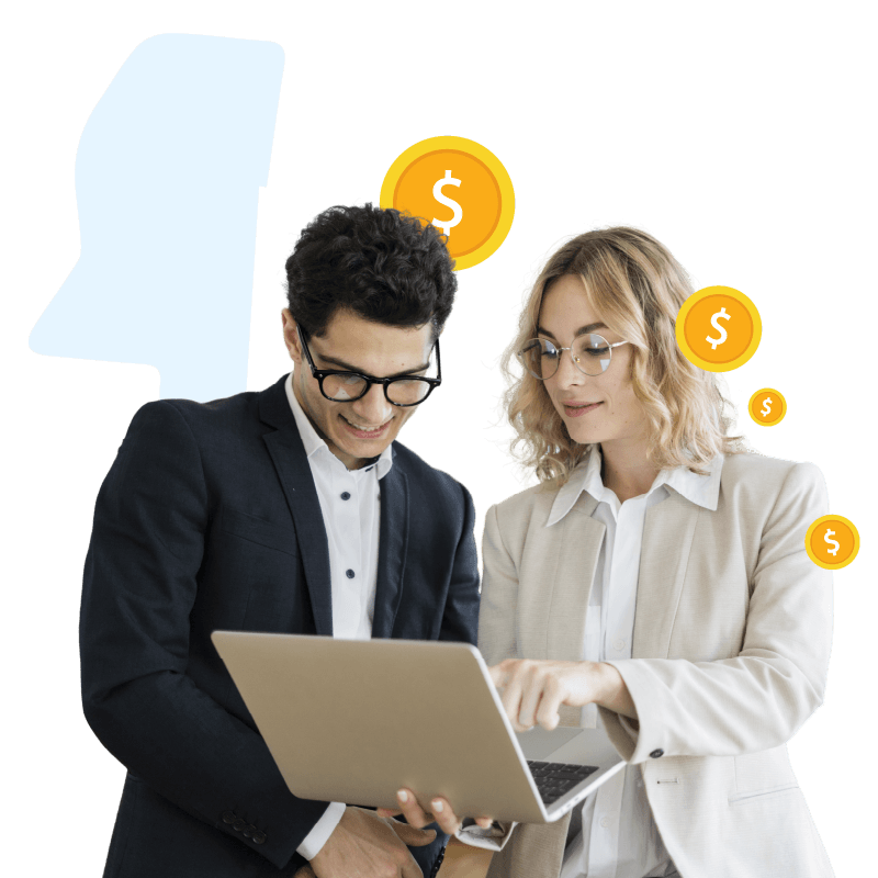 Girl with yellow circle and cash graphic