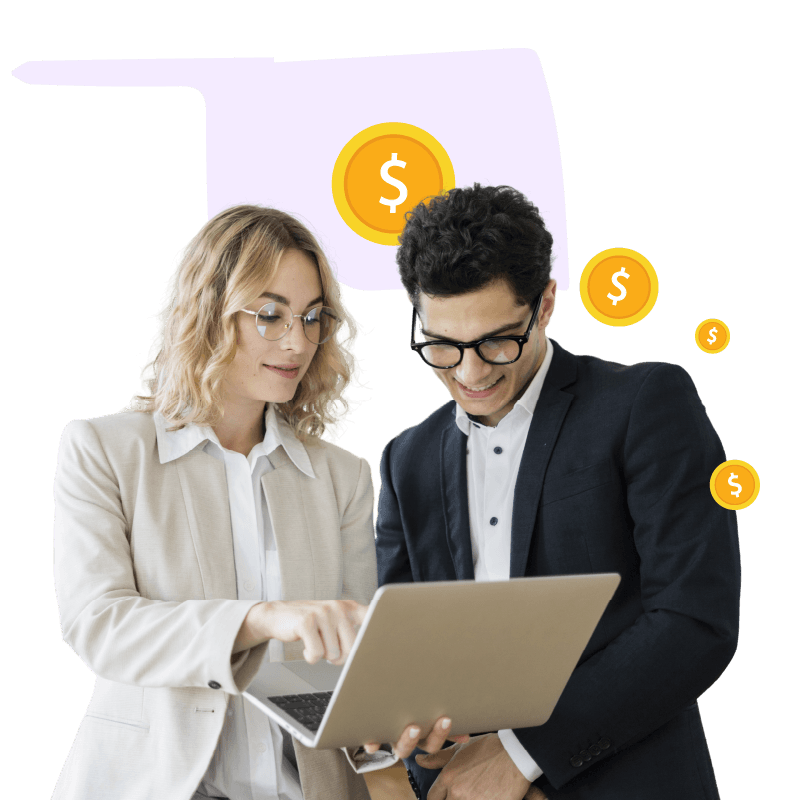 Girl with yellow circle and cash graphic