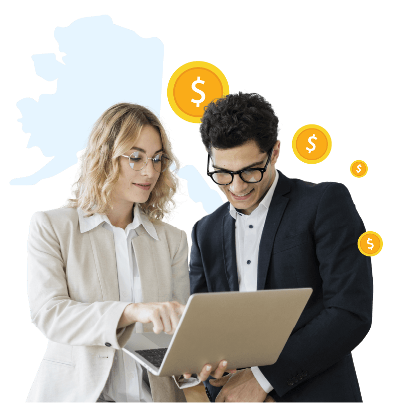Girl with yellow circle and cash graphic