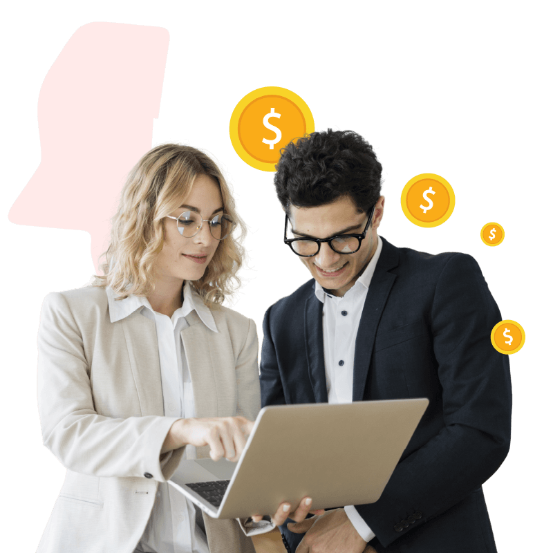 Girl with yellow circle and cash graphic