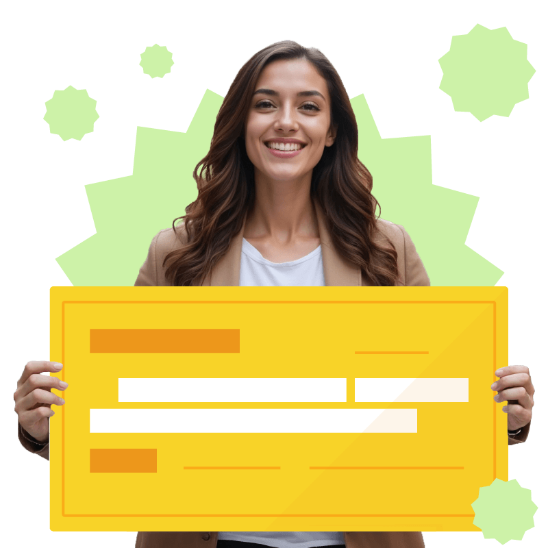 Girl with yellow circle and cash graphic