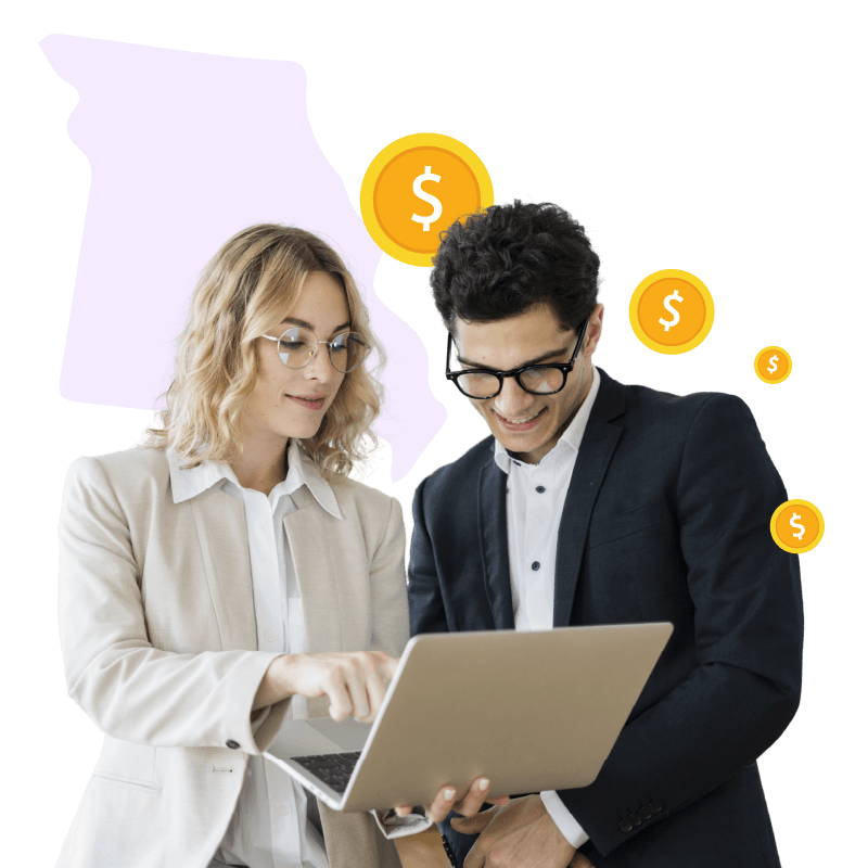 Girl with yellow circle and cash graphic