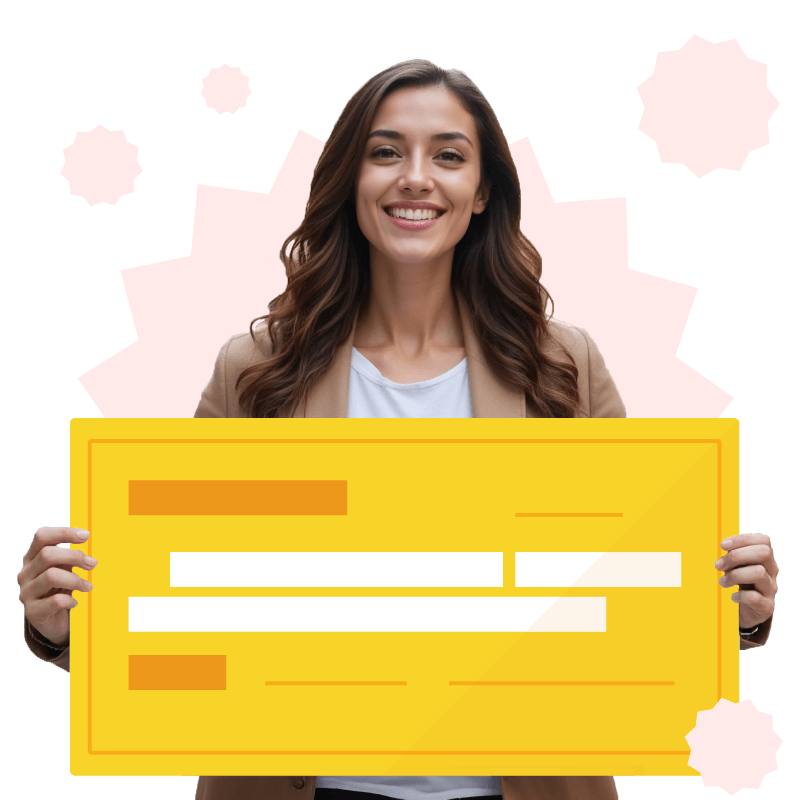 Girl with yellow circle and cash graphic