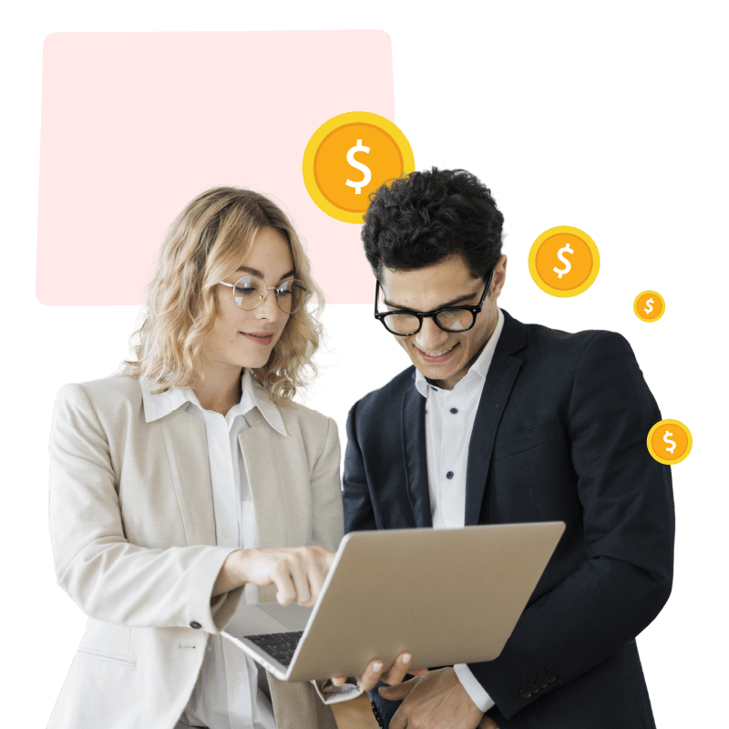 Girl with yellow circle and cash graphic