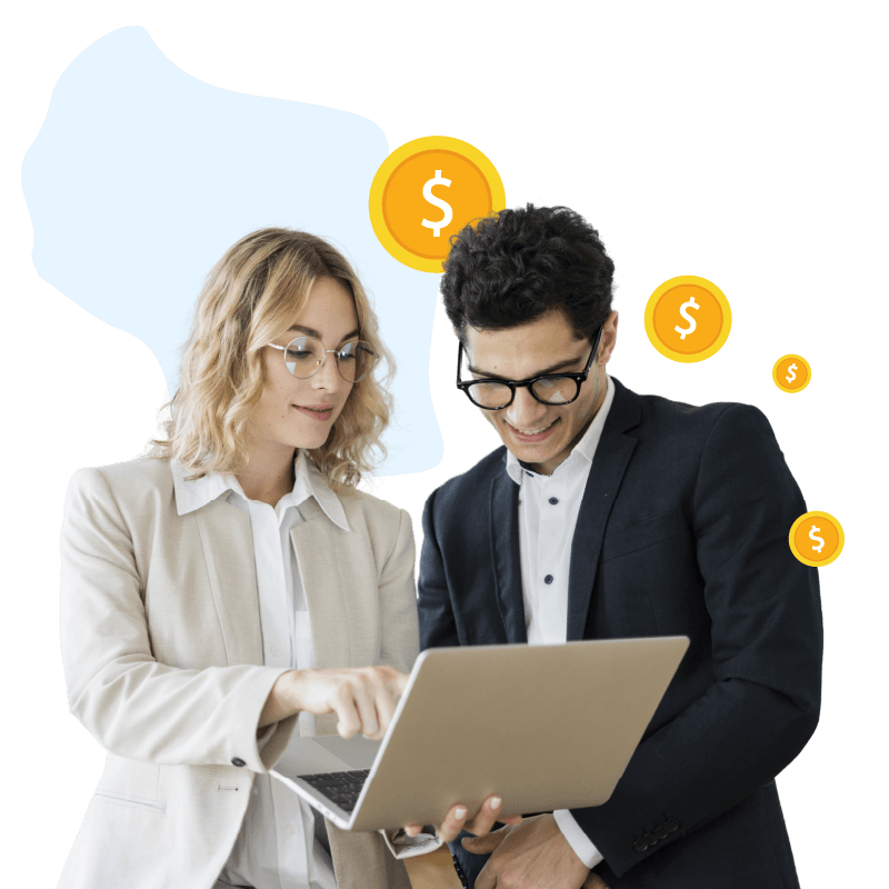Girl with yellow circle and cash graphic