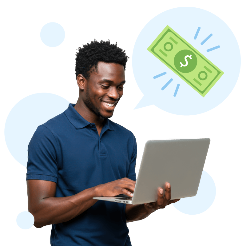 Girl with yellow circle and cash graphic