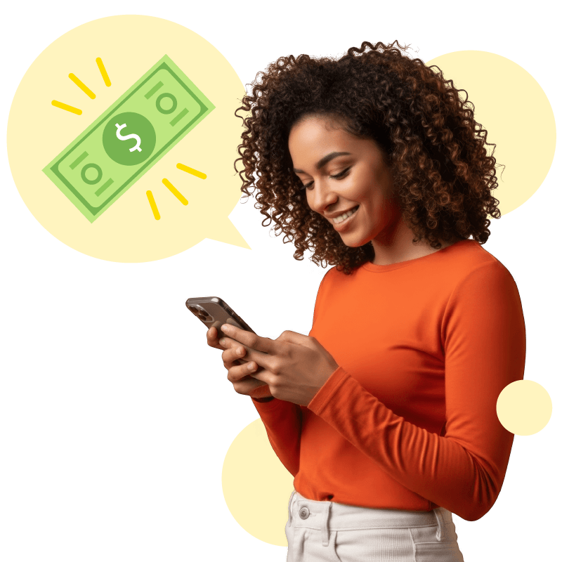 Girl with yellow circle and cash graphic