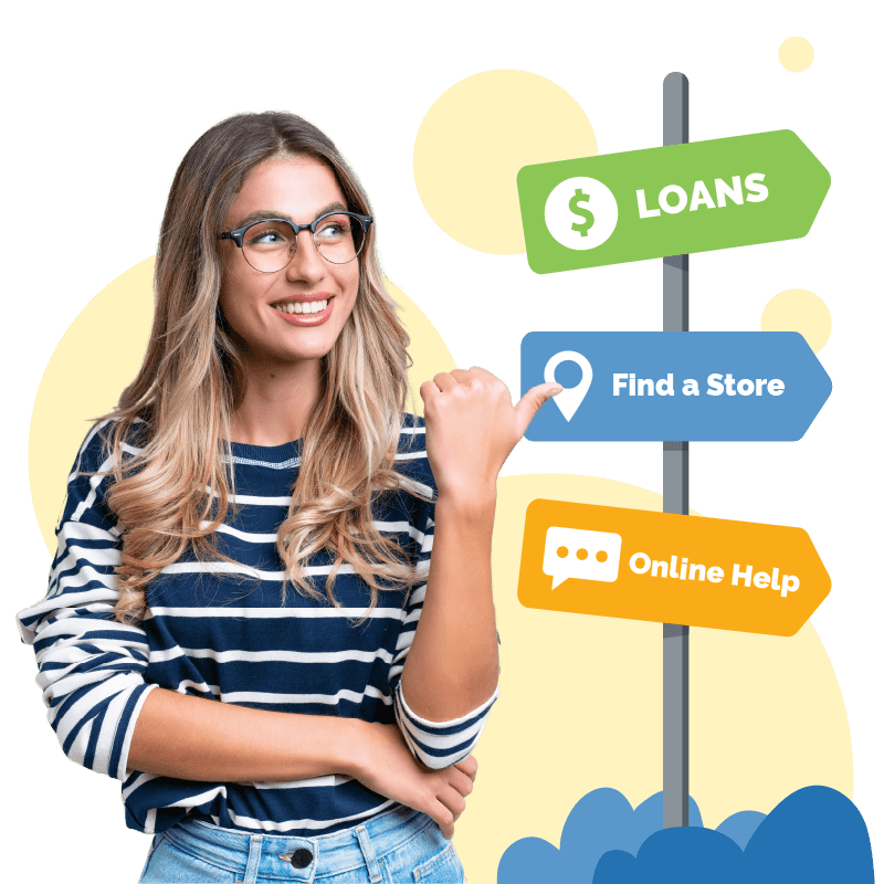 Girl with yellow circle and cash graphic