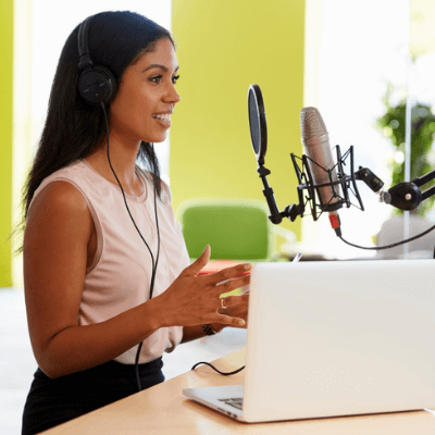 woman recording a financial podcast
