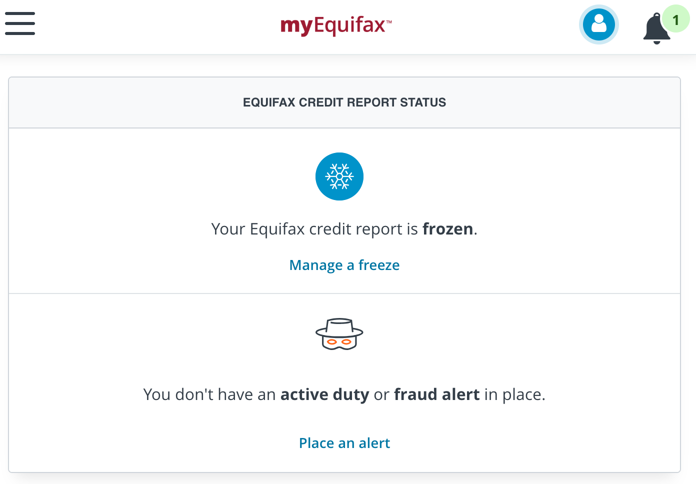 A screen from Equifax showing that the user's credit report is frozen