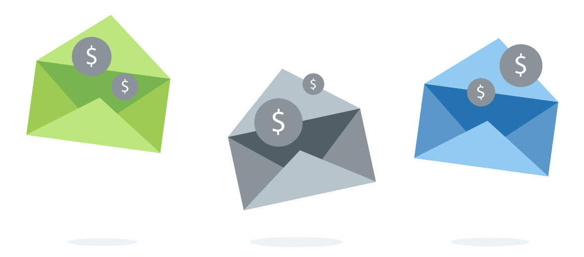 Three envelopes with money coming out of them.