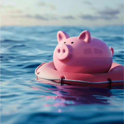 piggy bank floating on a life preserver on the ocean
