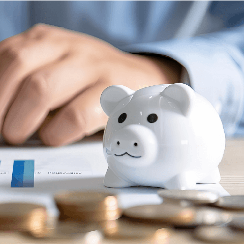 a piggy bank and coins on a desk