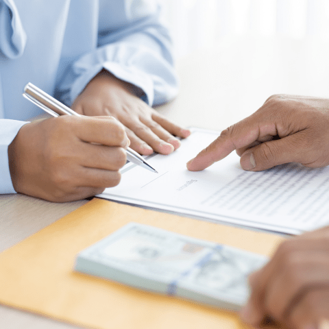 Lender signature line on a loan document beside a pen