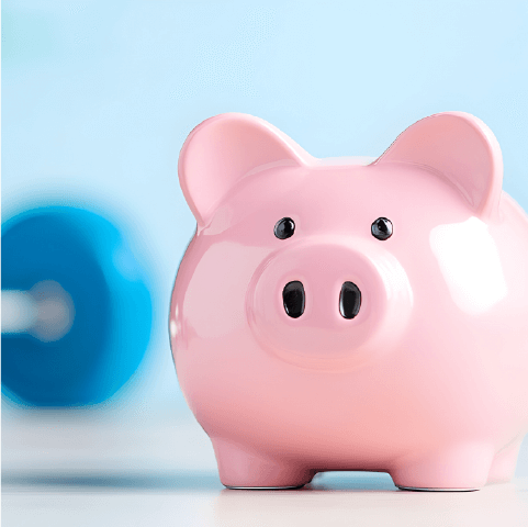 piggy bank with workout weights in the background