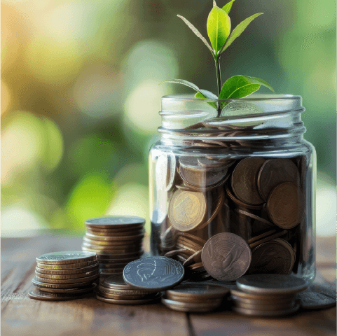 jar full of coins growing a small plant