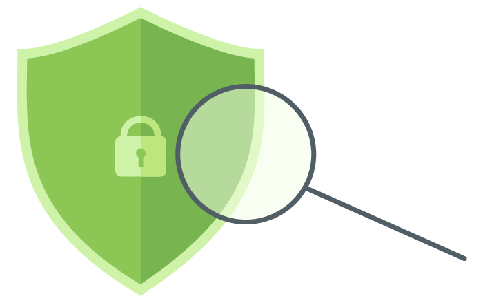 A graphic of a shield with a lock on it and a magnifying class taking a closer look.