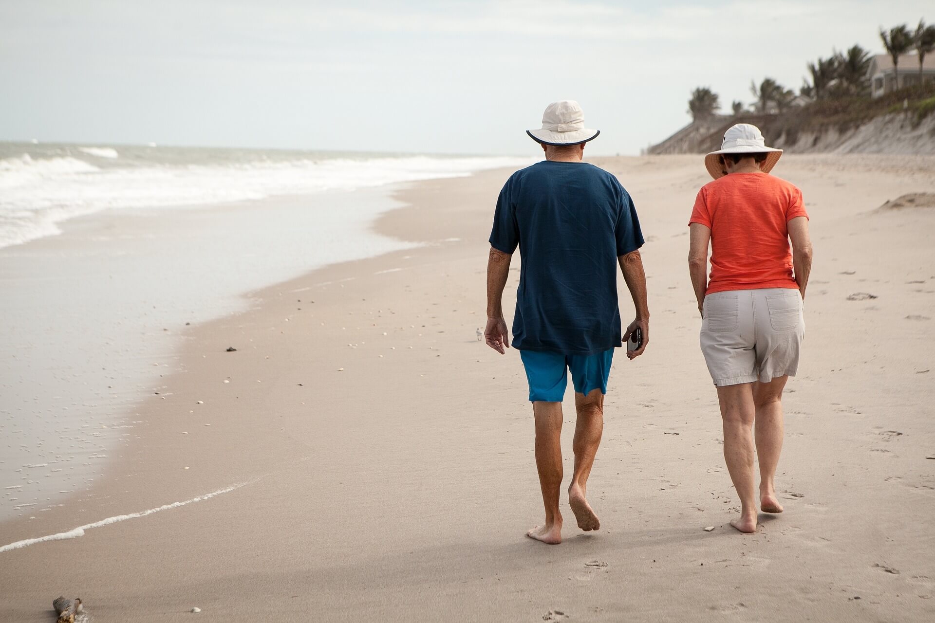 Two people walking down the beach.