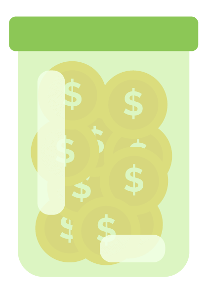 An image of a jar full of coins with dollar signs on them.
