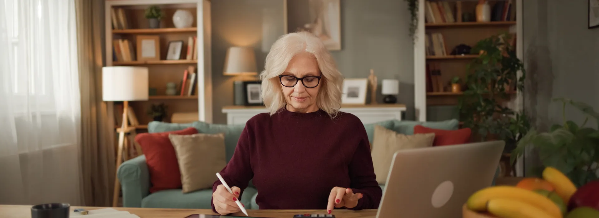 Woman organizing finances with a tablet, laptop, and notebook