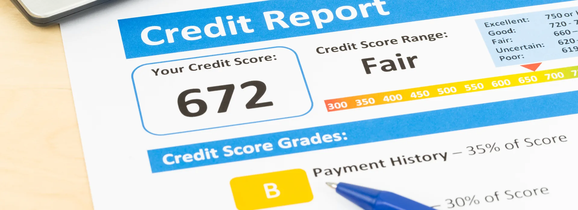 Fair credit score report with pen and calculator