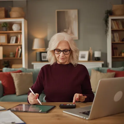 Woman organizing finances with a tablet, laptop, and notebook