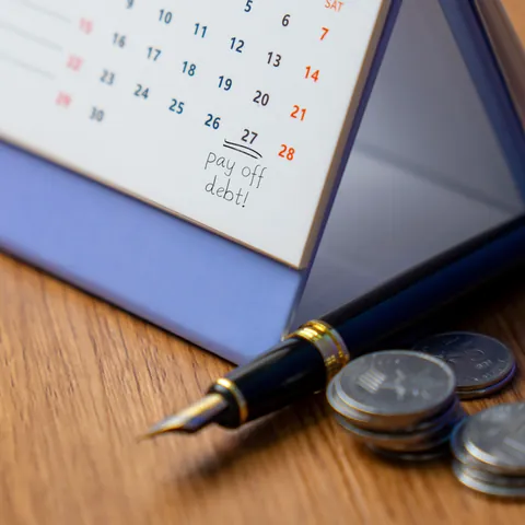 A desk calendar with "pay off debt!" marked on a date beside a pen and a few stacks of coins