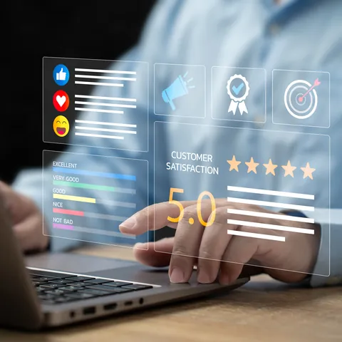 Customer satisfaction rating displayed beside a laptop