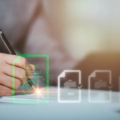 Person reviewing refinancing documents with a digital approval checklist