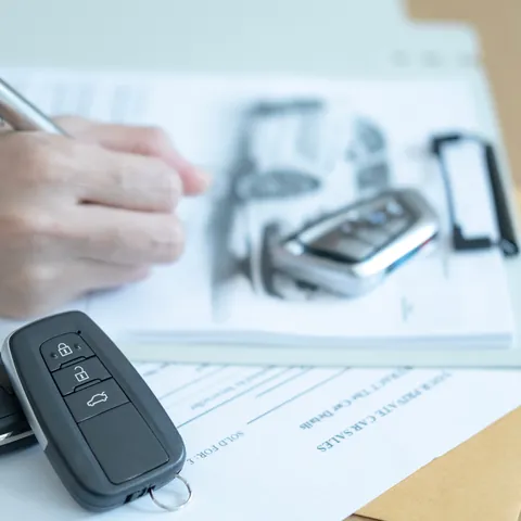 Hand signing vehicle title paperwork beside car keys