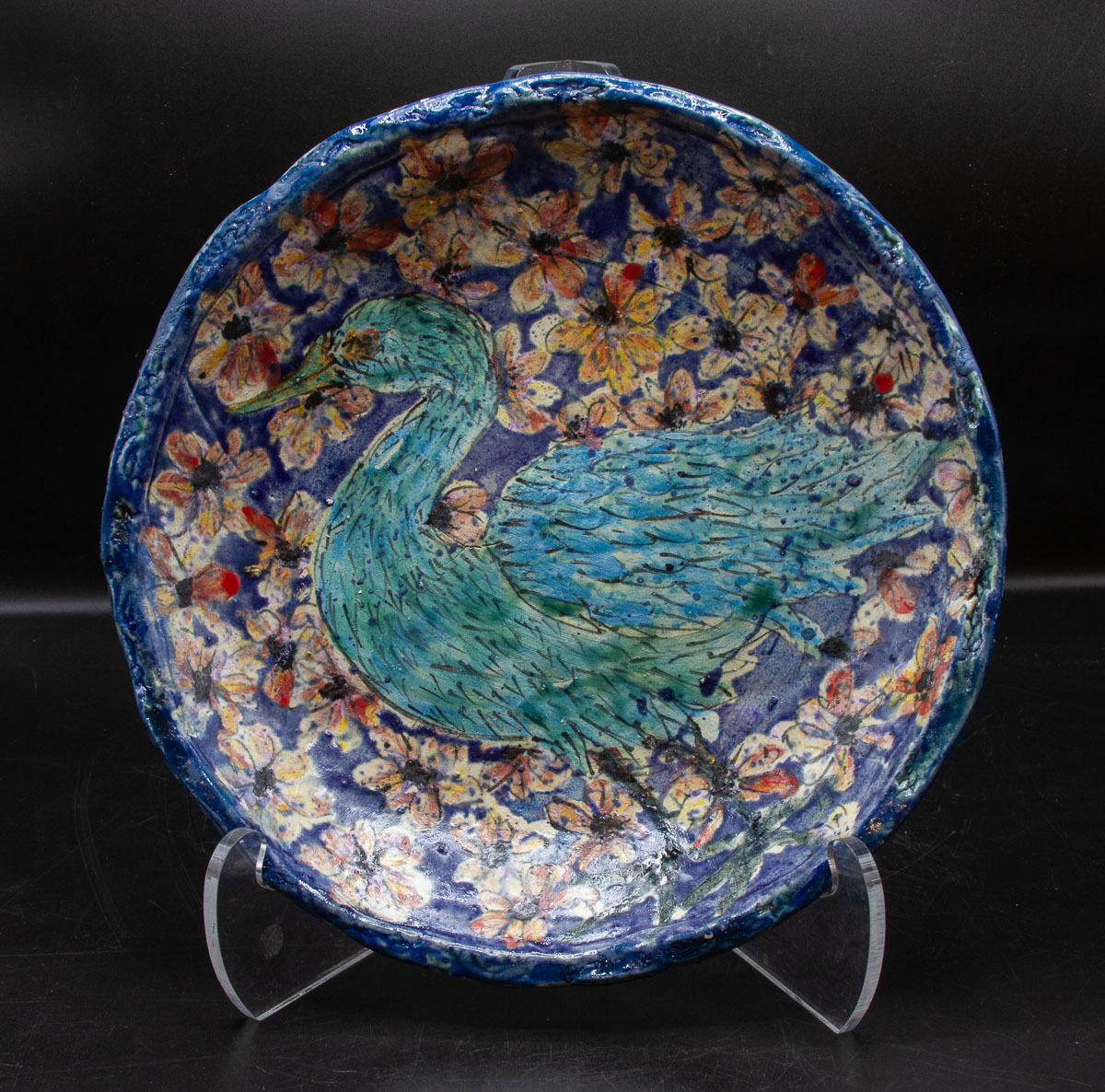 Blue Goose & Flowers Bowl, 12"  - $200