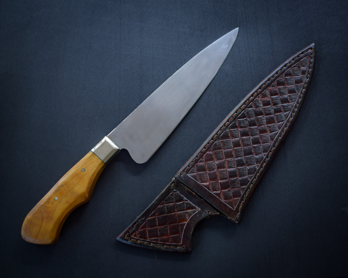 Chef Mora, Sheath: Cow leather chased and sewed by hand - $285