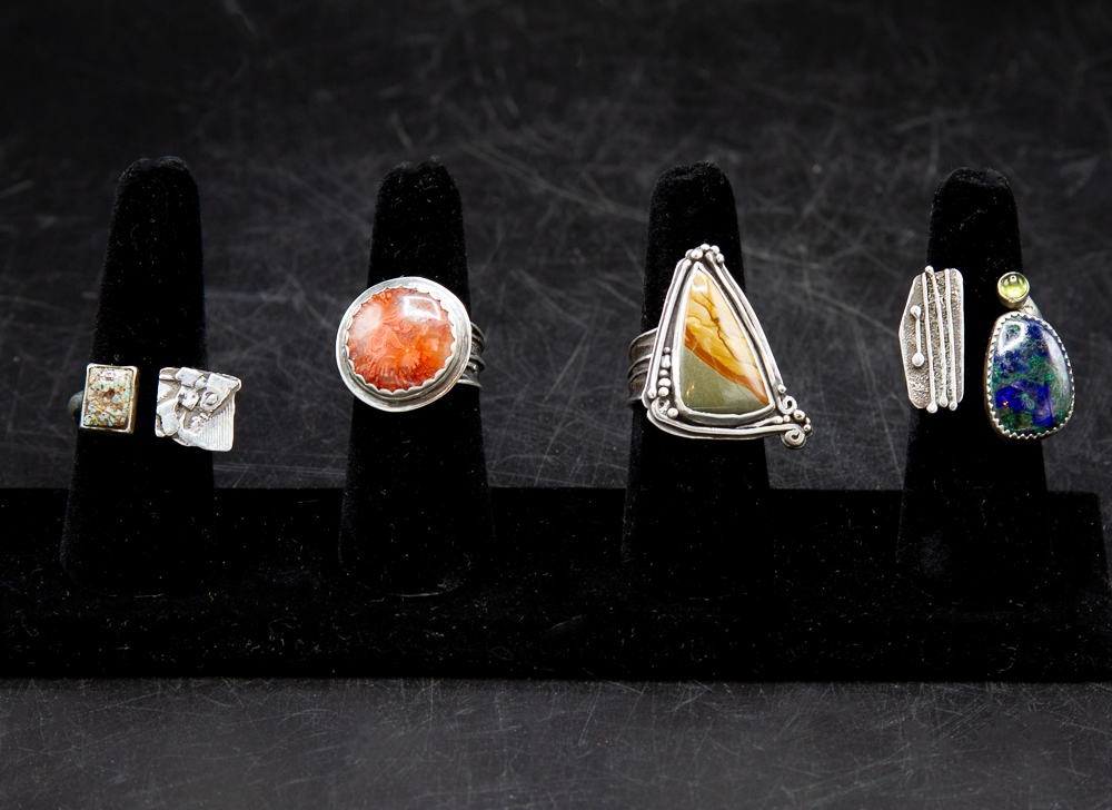Turquoise, size 10 - $300 Coral, size 8 3/4 - $300 Jasper, size 8 1/4 - $325  Azurite/Peridot, size 6 3/4 - $325 