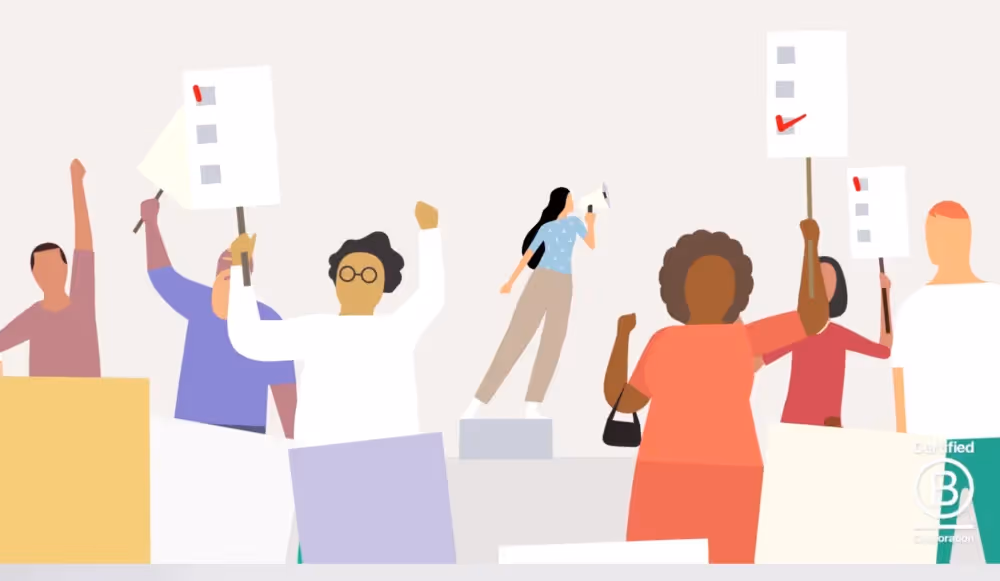 Flat illustration of various people holding up signs.
