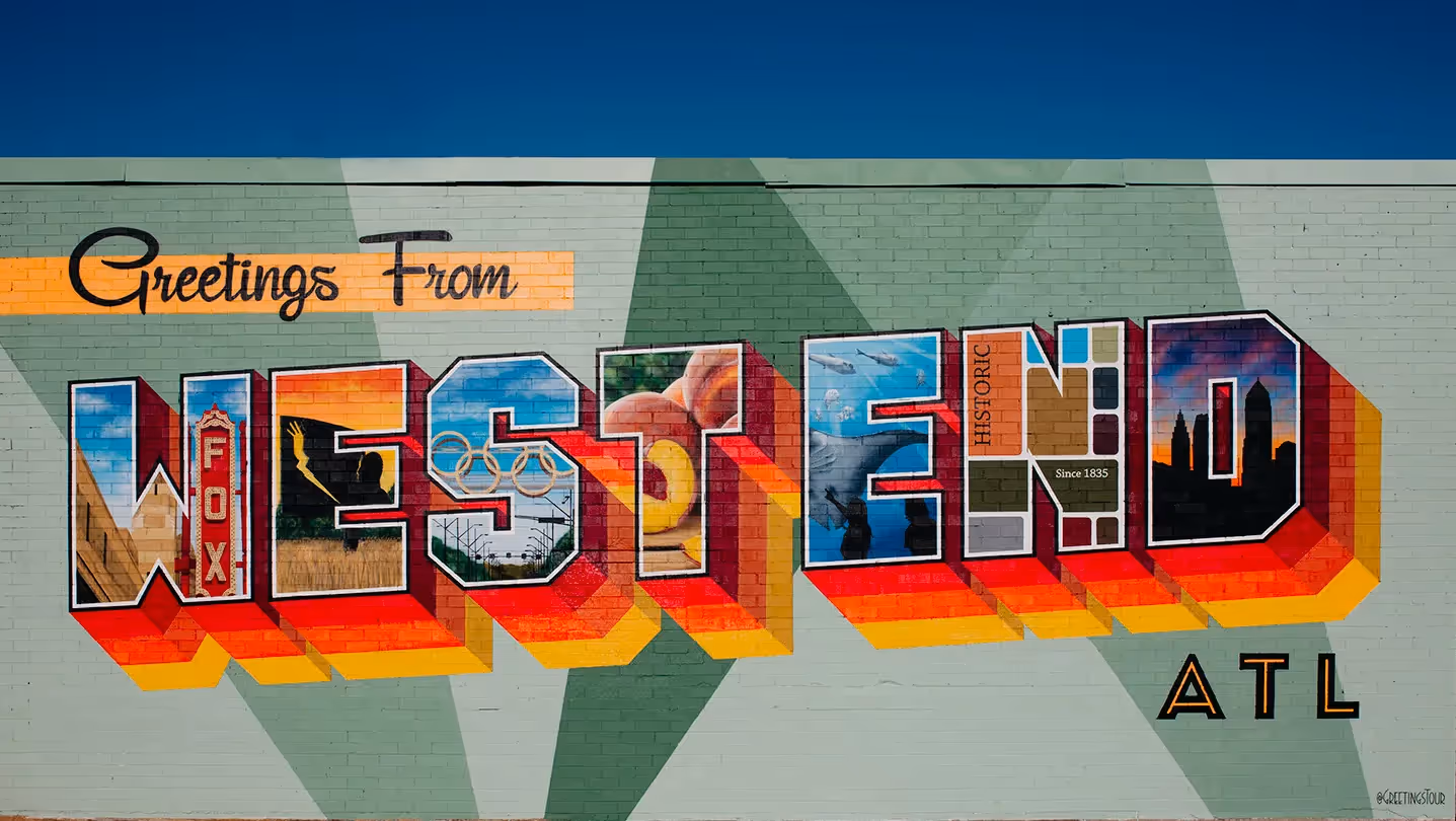 Mural reading "Greetings from West End."