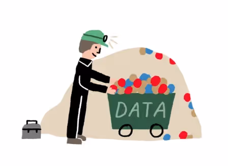 Drawn illustration of a man with a cart full of colored balls labeled 'Data'