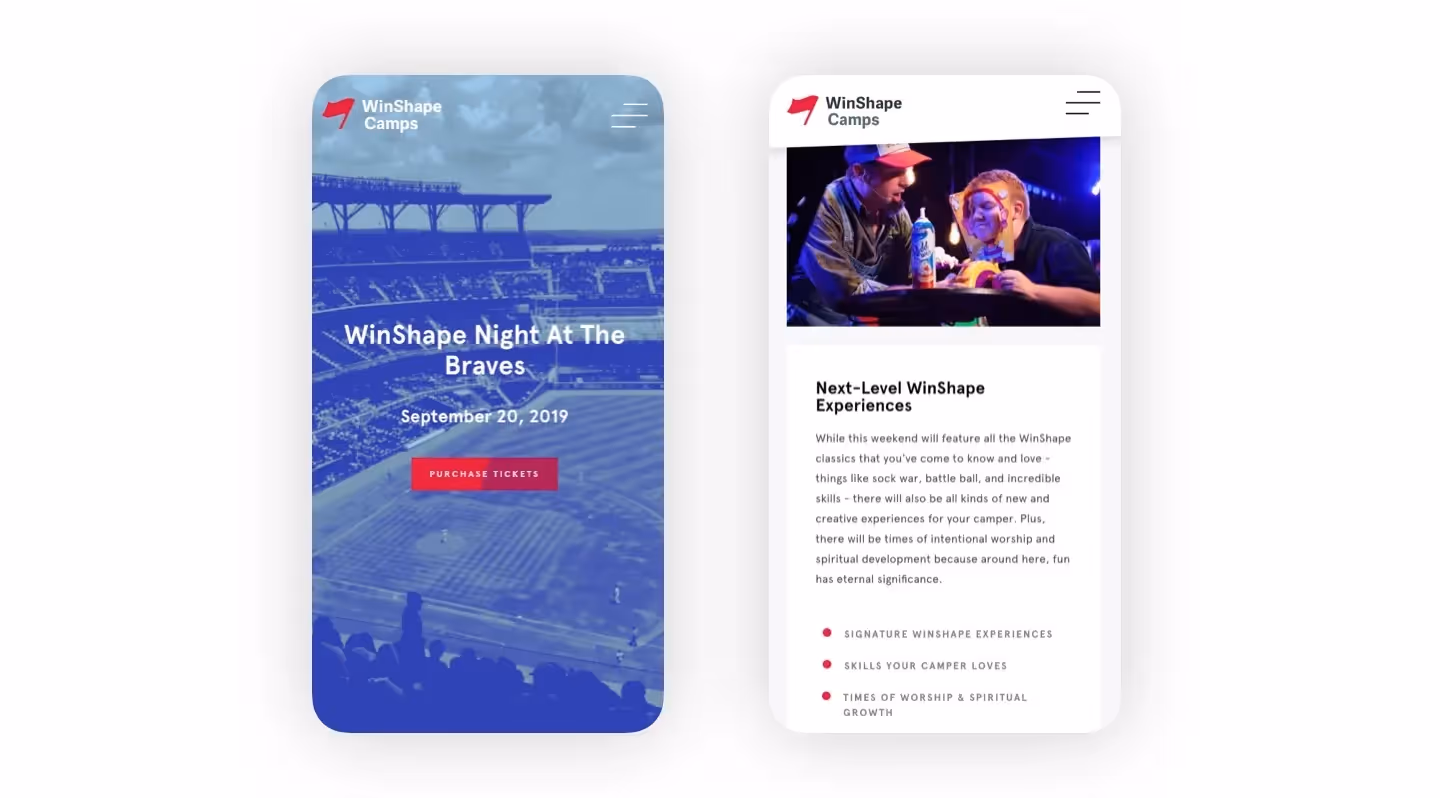 Two mobile mockups of the WinShape Camps website