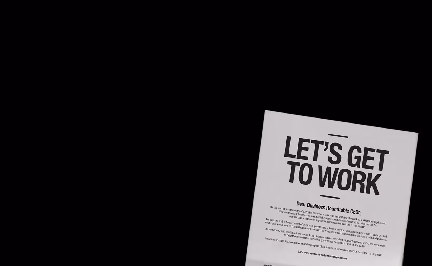 Flyer reading "Let's get to work."