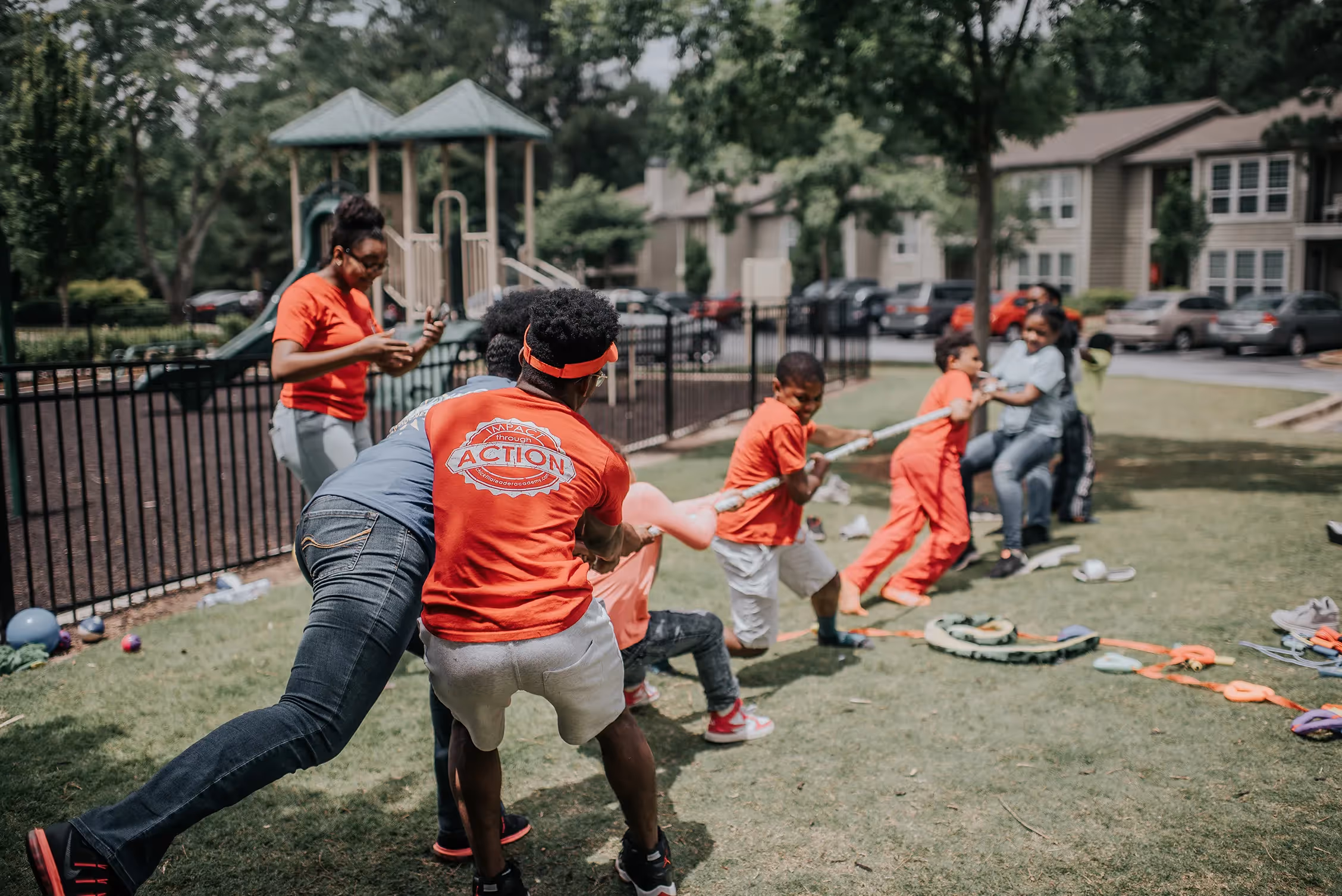 A team of participants battle it out in tug-of-war.