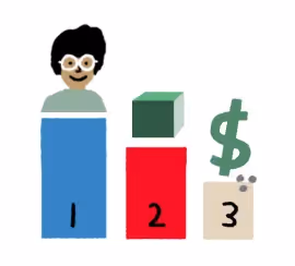 Drawn illustration of a bar graph with a person, a block, and a dollar sign