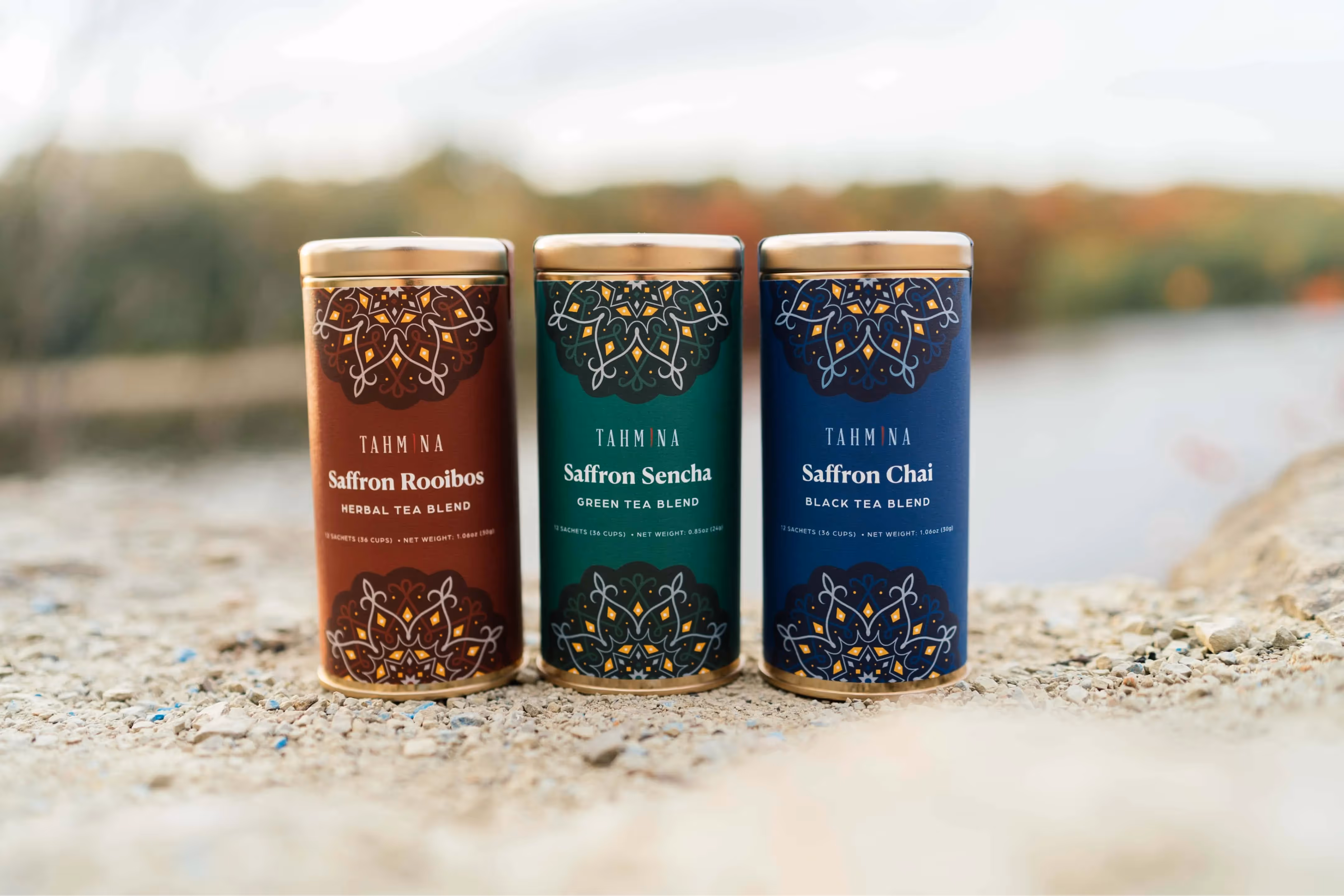 Product shot of 3 tahmina tea containers.