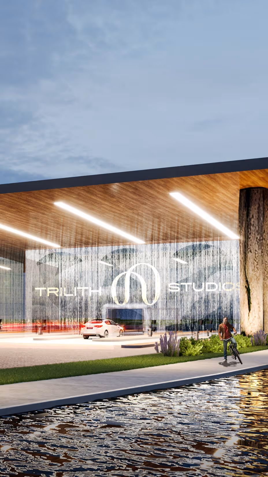 An architectural rendering of the entrance to Trilith Studios featuring the new logo.