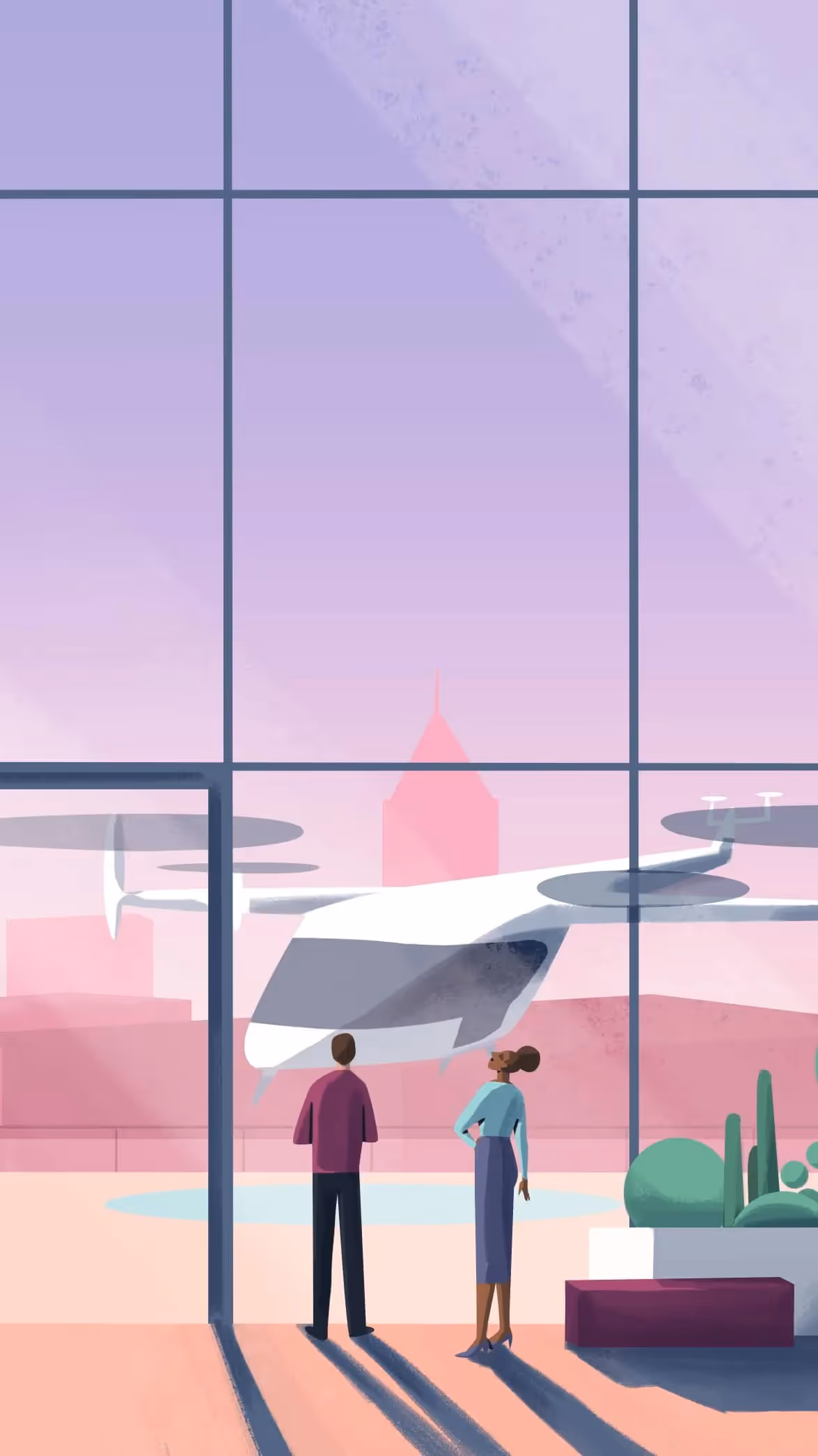 Illustration of a woman looking over an urban landscape with unmanned aircraft landing on helipads.