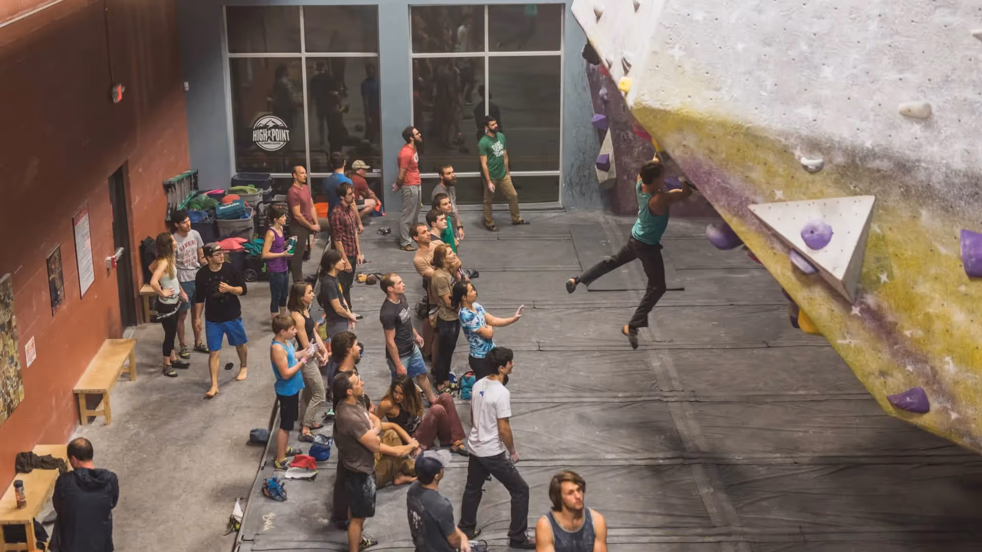 A man climbs an indoor wall at High Point Climbing in downtown Chattanooga.