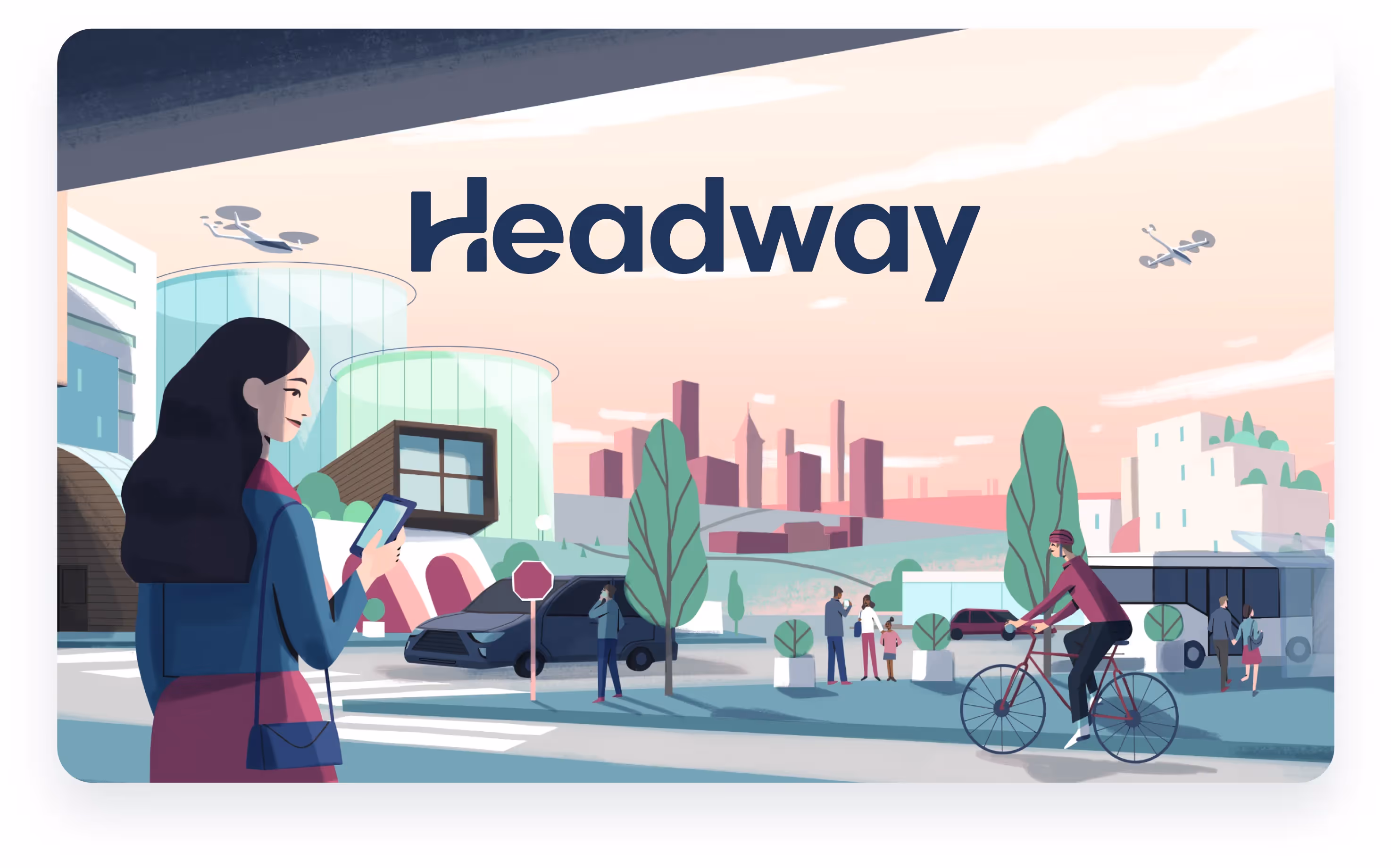 Headway logo over illustration of women in a future rendering.