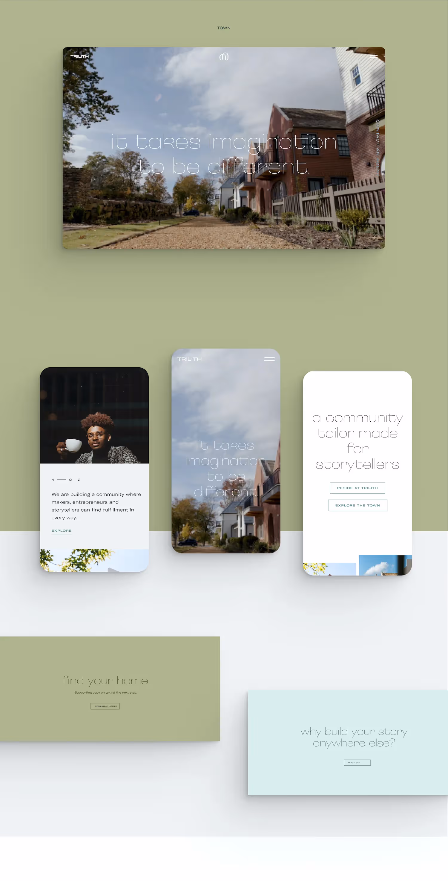 One desktop and three mobile mockups of Two desktop mockups of the Trilith website