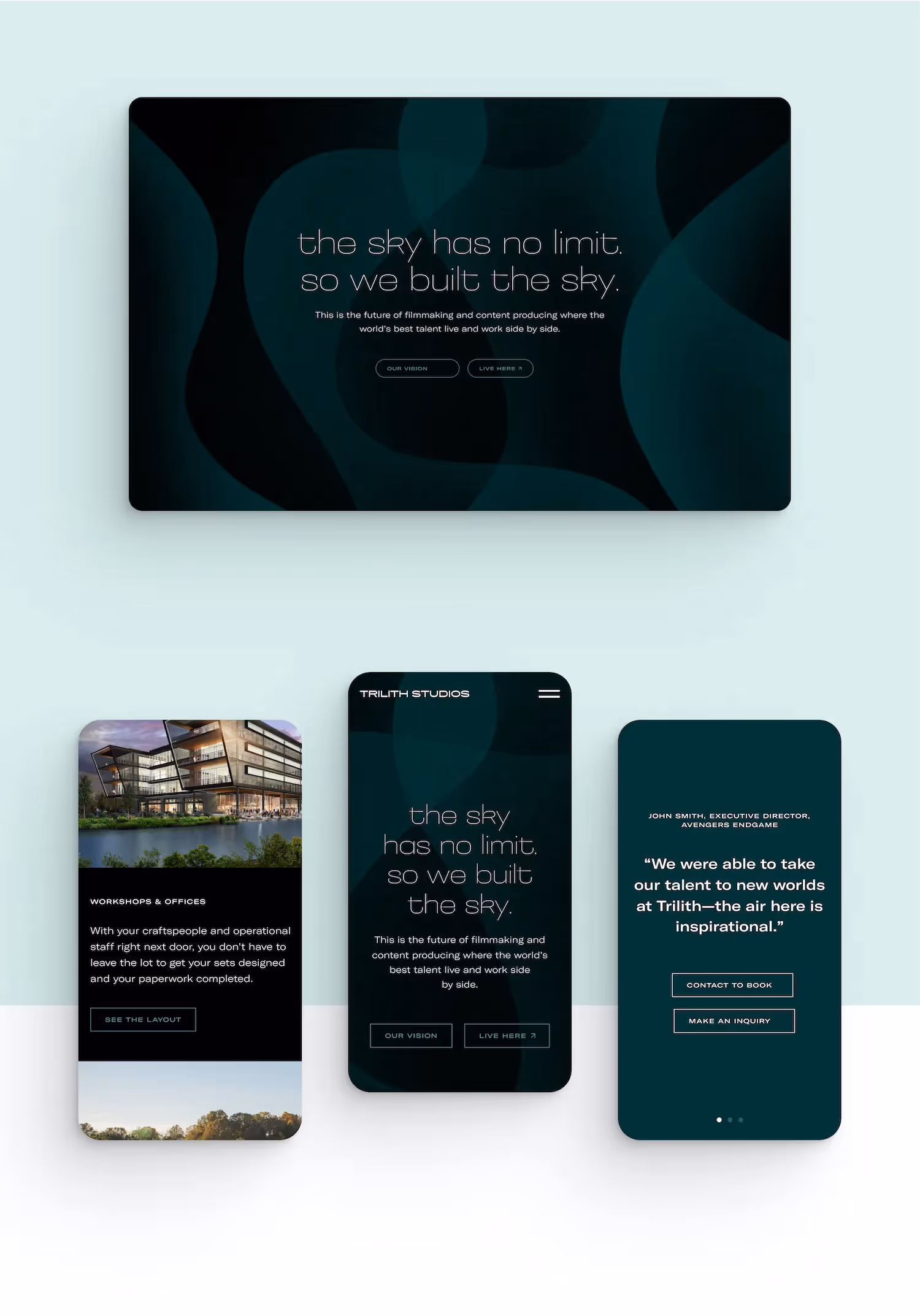 One desktop and three mobile mockups of Two desktop mockups of the Trilith website