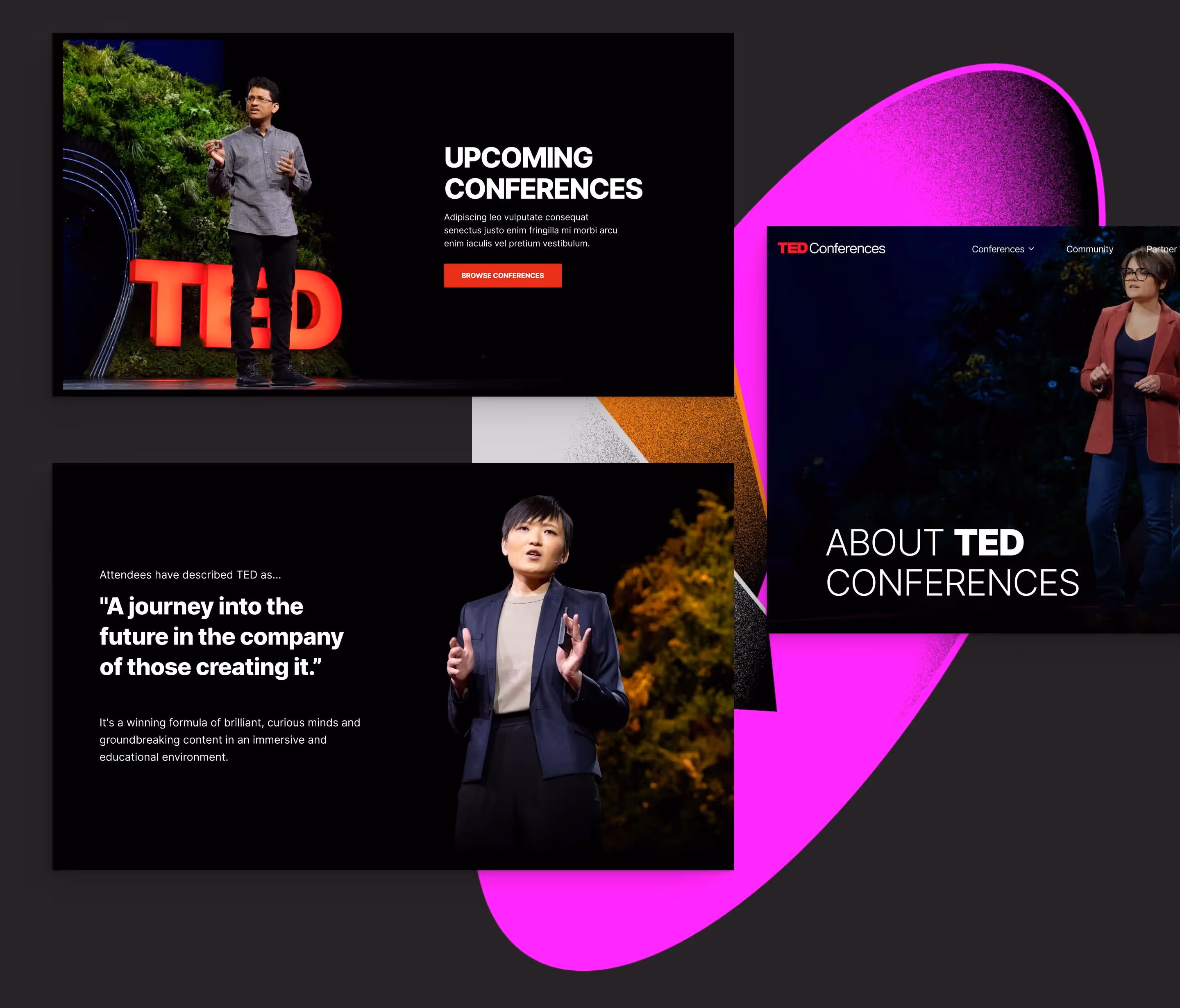 Three screenshots of the TED Conferences website